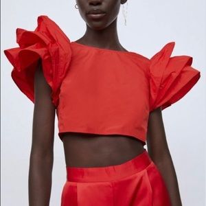 Zara red ruffle sleeve top size S